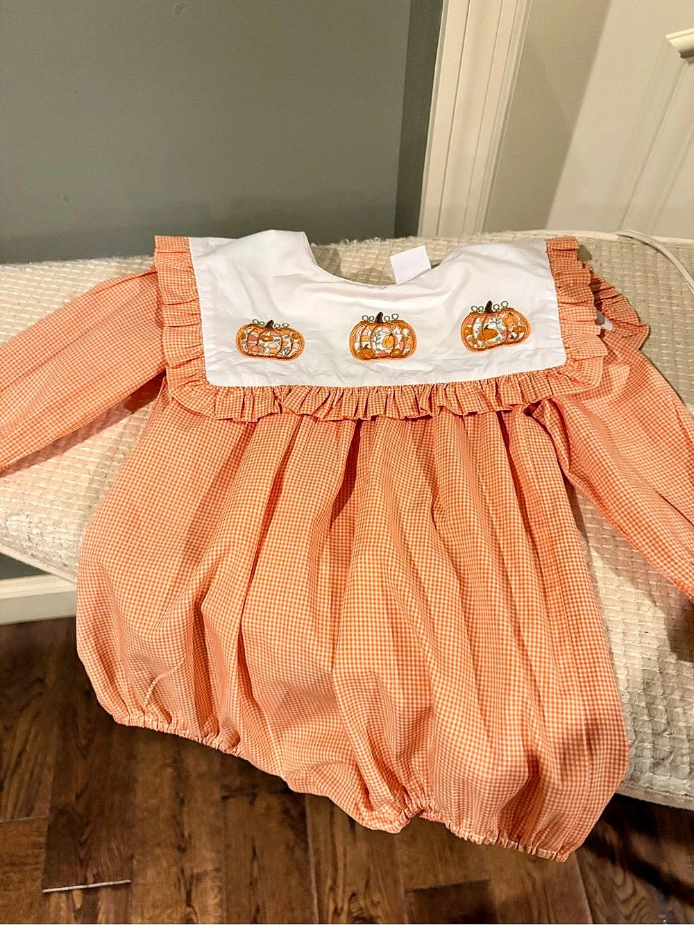Stitch Fish Pumpkin Gingham Romper Orange & White